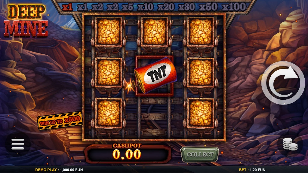 A screenshot of the Deep Mine slot game showing a TNT symbol in the center of the 3x3 grid, about to explode and trigger a win.