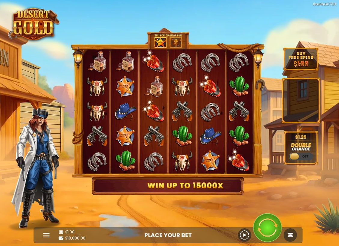 The main 6x5 game grid of the Desert Gold slot, showcasing the Pay Anywhere mechanic in action.