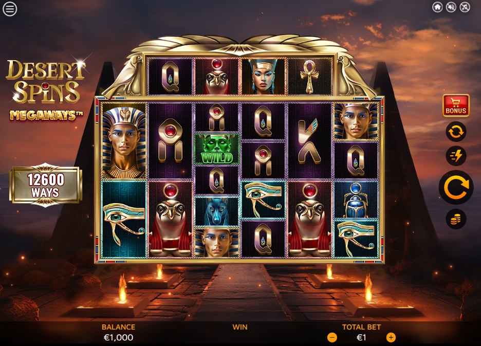 The main 6-reel grid of the Desert Spins Megaways slot, showing the Egyptian-themed symbols and the Megaways counter.