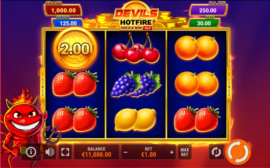A screenshot of the Devils HotFire Hold & Win base game, showing the 3x3 reel set with fruit symbols and a golden coin bonus symbol.