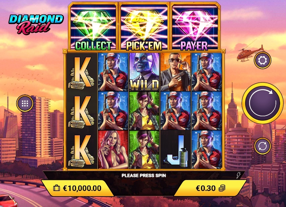 The main 5x3 reel grid of the Diamond Raid slot, showing the game's character symbols and the three locked diamond bonuses.
