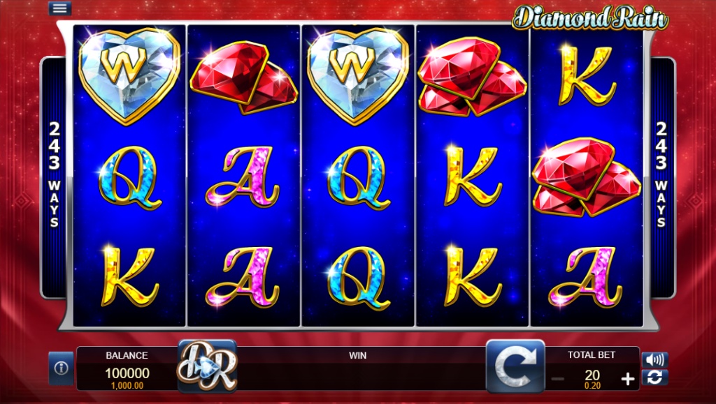 The 5x3 game grid of the Diamond Rain slot, featuring gem and card symbols alongside a heart-shaped wild, all part of its 243 ways to win system.