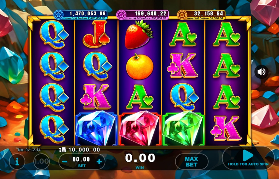 The base game screen of the Diamonds Go Wild slot, showcasing its 5x3 grid filled with fruit and diamond symbols, set against a backdrop of colorful gems.