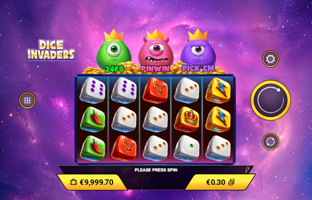 The main game screen of the Dice Invaders slot, featuring the 5x3 grid with various dice symbols and three alien characters on top that represent bonus features.