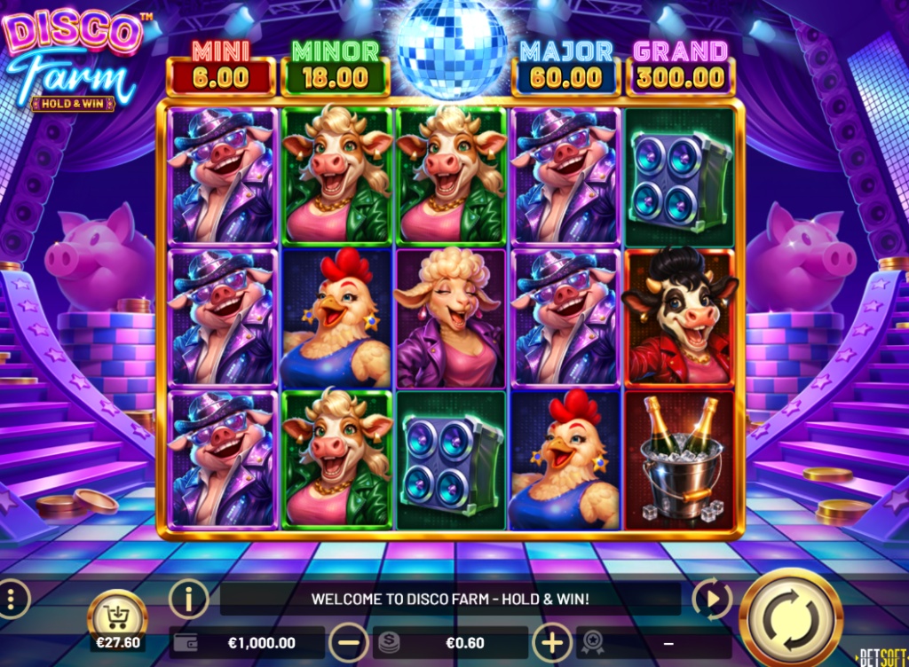 The 5x4 game grid of the Disco Farm slot, showcasing its fun theme of disco-dancing farm animals and the four jackpot prizes: Mini, Minor, Major, and Grand.
