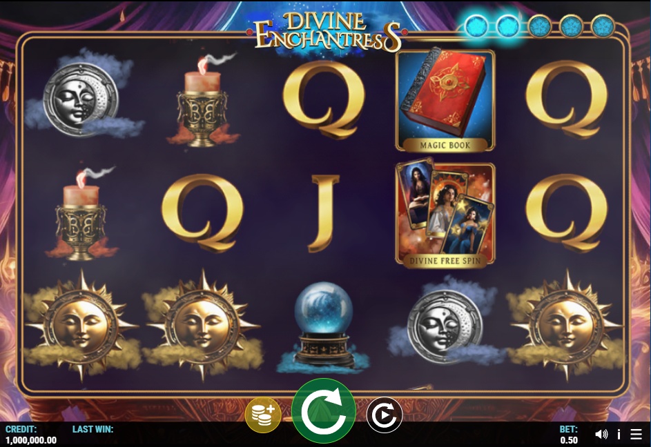 The base game grid of the Divine Enchantress slot, showcasing the mystical symbols and bonus triggers.