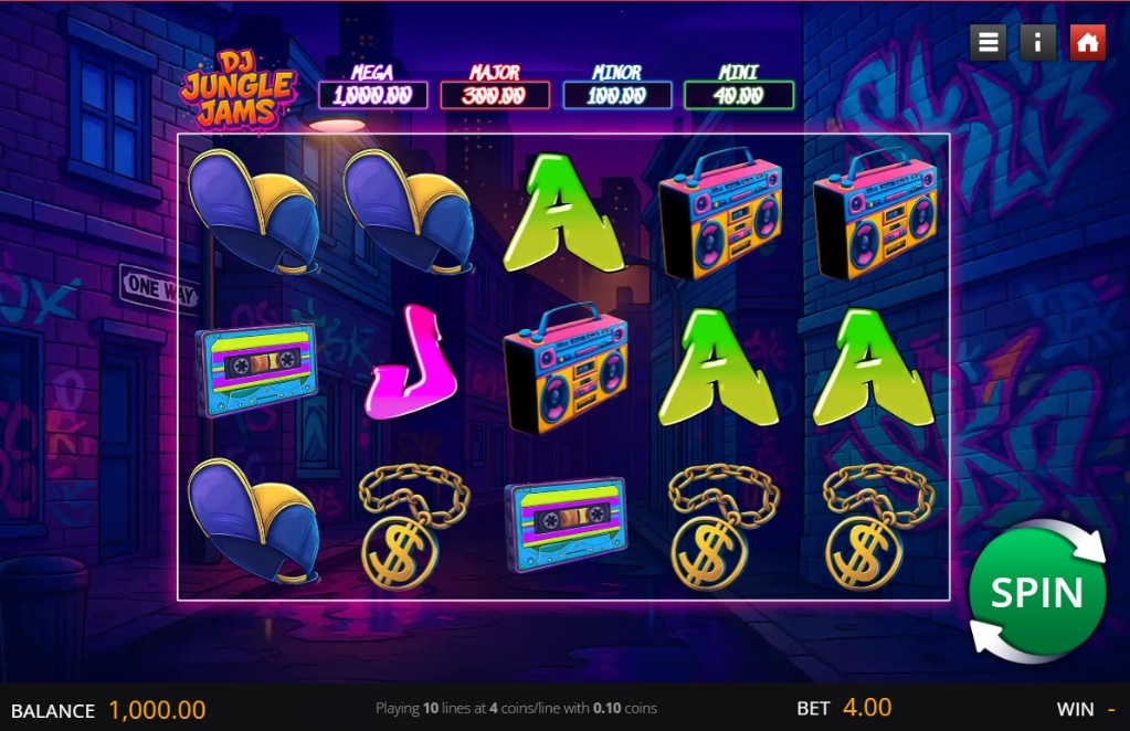The main 5x3 reel grid of the DJ Jungle Jams slot, showing the game's symbols and the four jackpots.
