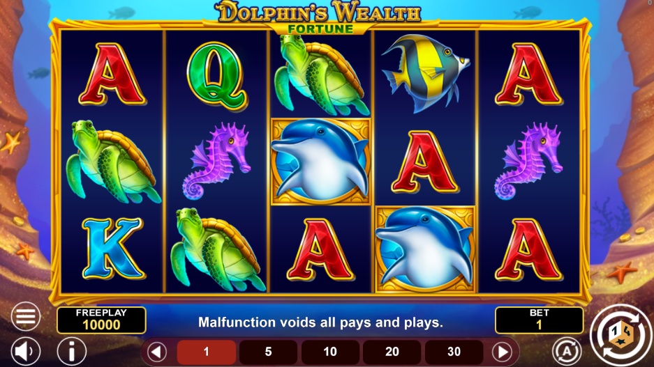 The 5x3 reel layout of the Dolphin's Wealth Fortune slot, showing the underwater theme and game symbols during regular play.