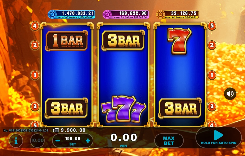 A screenshot of the Double Gold Bars slot game, displaying the 3x3 reel layout with classic BAR and 7 symbols, with three progressive jackpots visible at the top.