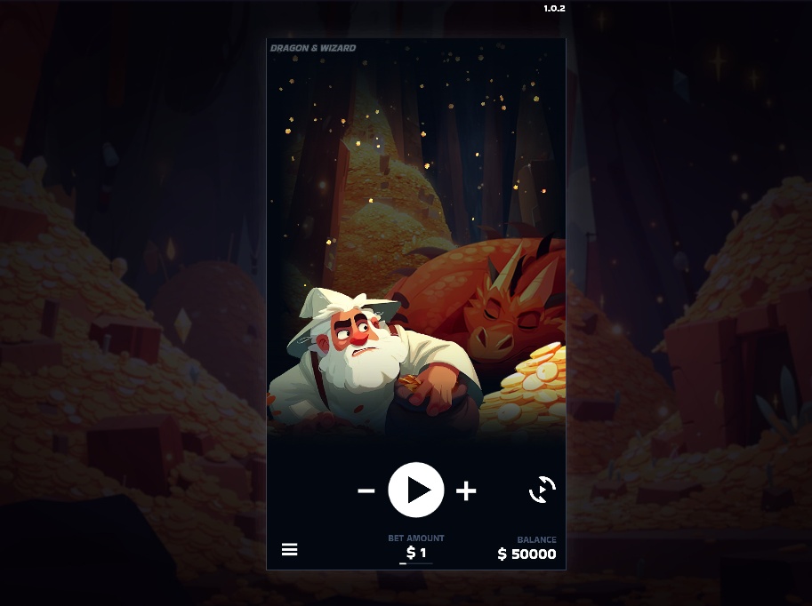 The main game screen of the Dragon & Wizard slot, featuring the wizard character and the sleeping dragon on a pile of treasure.