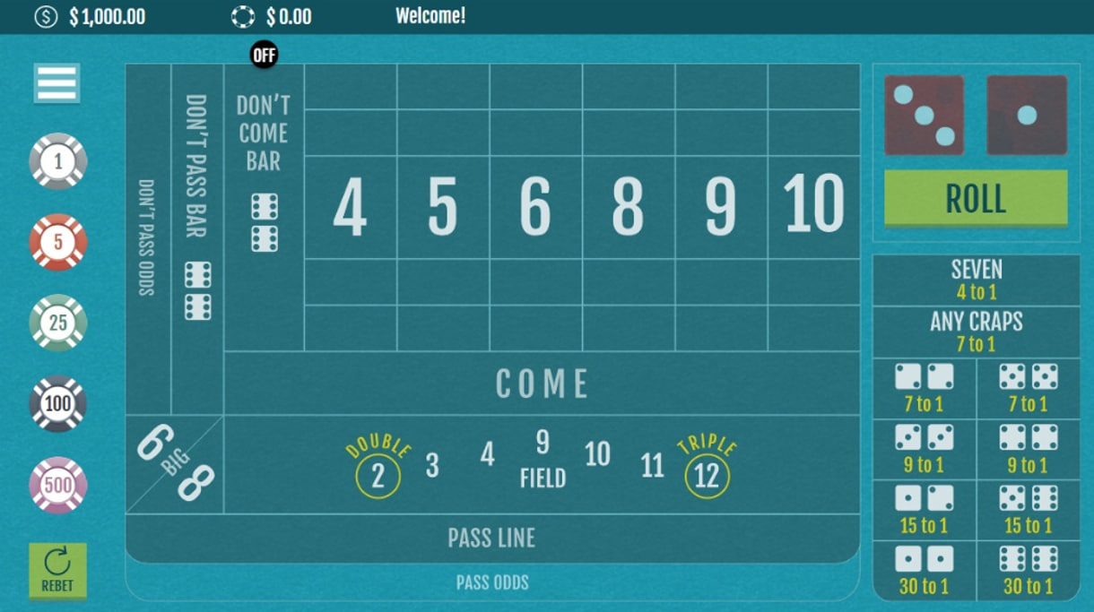 Dragon Gaming Craps gameplay with the main betting table, dice, and virtual chips visible.