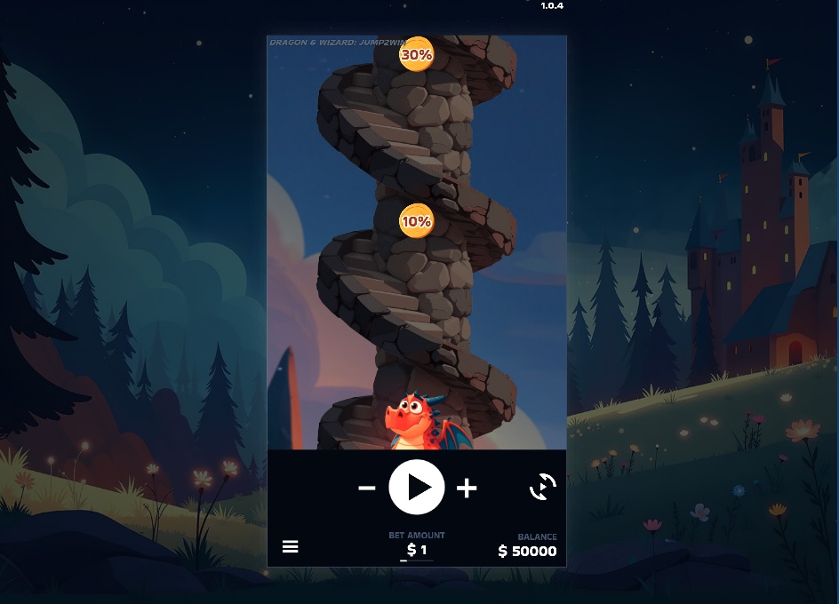 The main gameplay screen of the Dragon & Wizard Jump2Win slot, showing the dragon at the start of the climb.