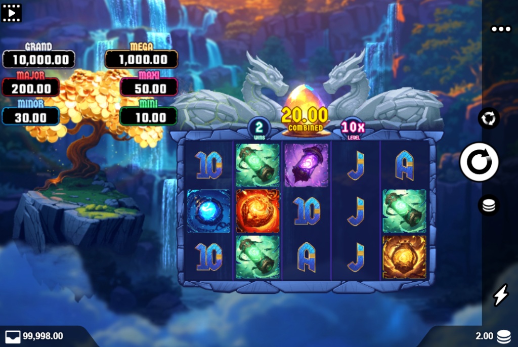 The 5x3 game grid of the Dragons Erupt fantasy-themed slot, showcasing elemental orb symbols, the central dragon egg bonus feature, and four jackpot prizes.