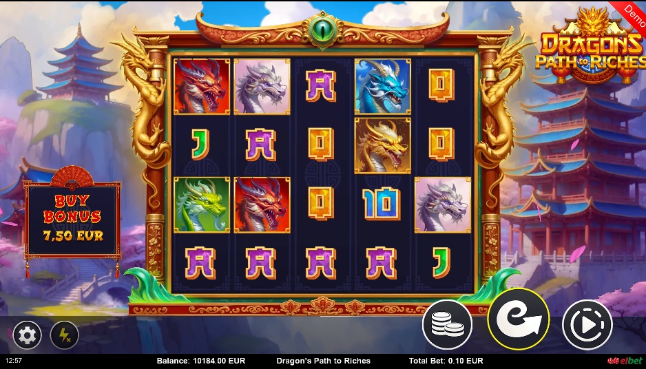 The main 5x4 game grid of the Dragons Path to Riches slot, showcasing its dragon symbols and Asian-themed design.