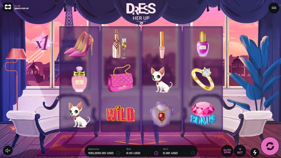The main 4x3 game grid of the Dress Her Up slot, showing fashion-themed symbols and the player balance.