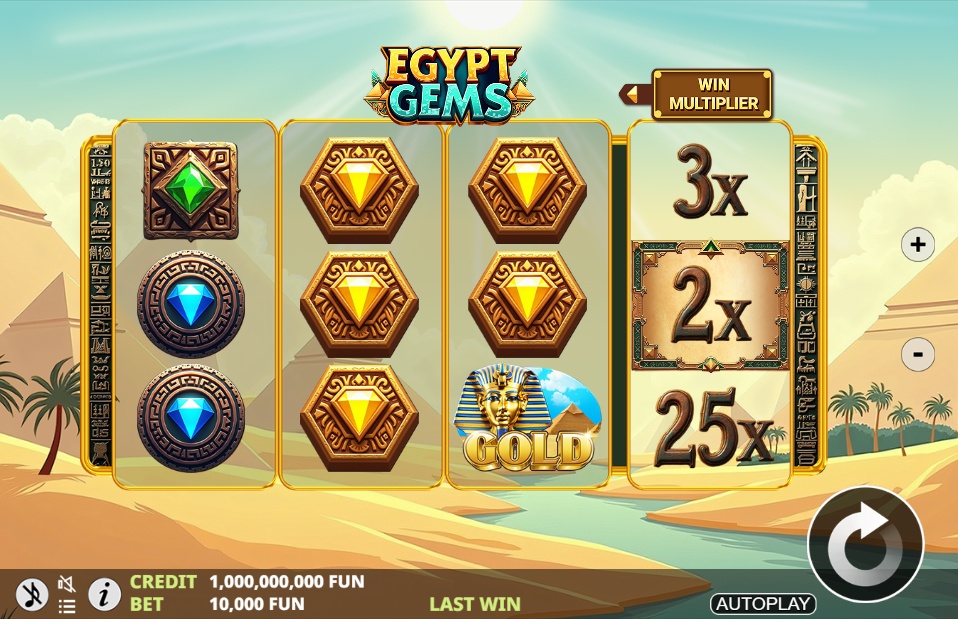 A gameplay screenshot of the Egypt Gems slot, showing its unique 4-reel structure with a dedicated Win Multiplier reel on the right, which displays a 2x multiplier.