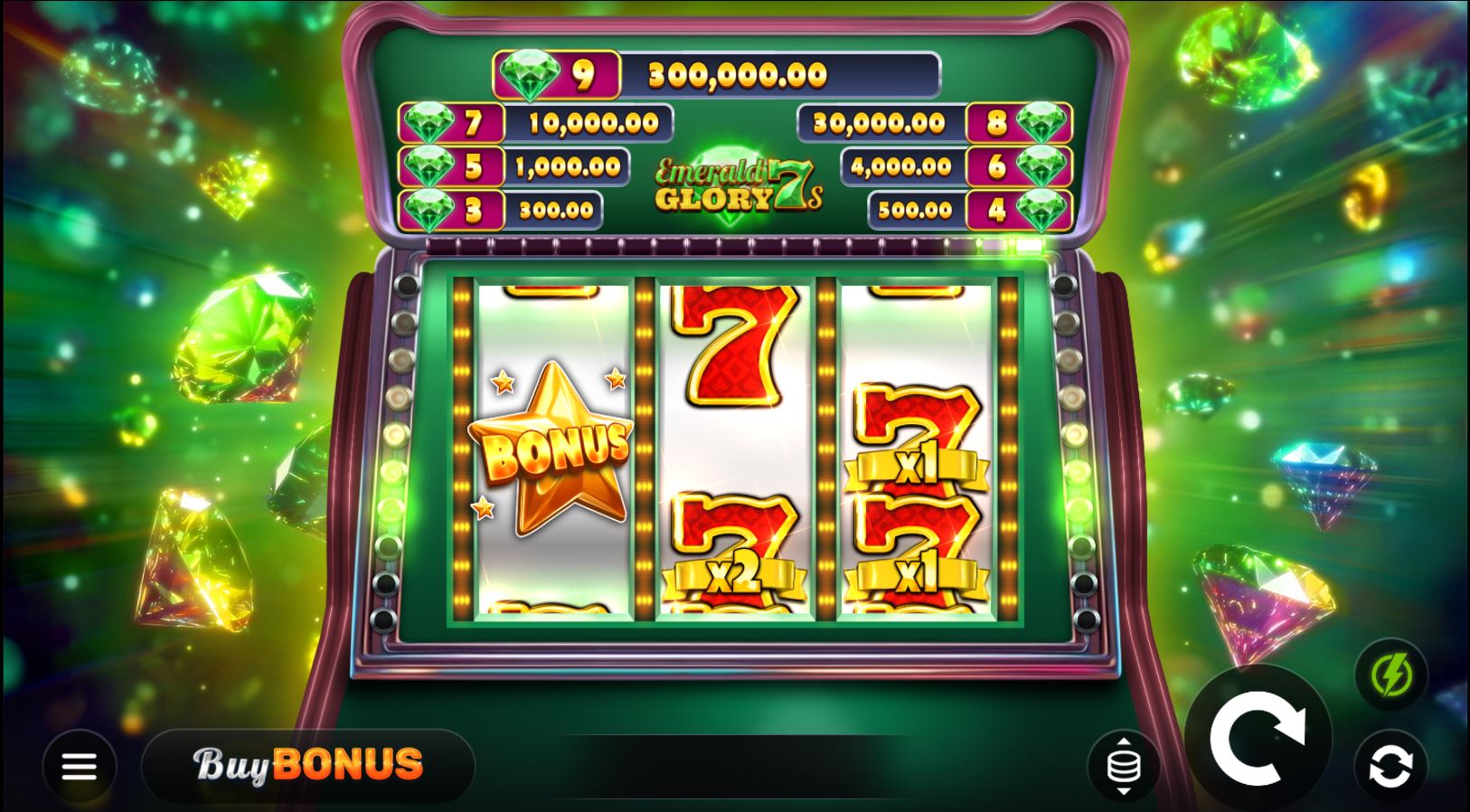 The 3x3 reel layout of the Emerald Glory 7s slot, showing the Cashpot prize ladder above the classic symbols.