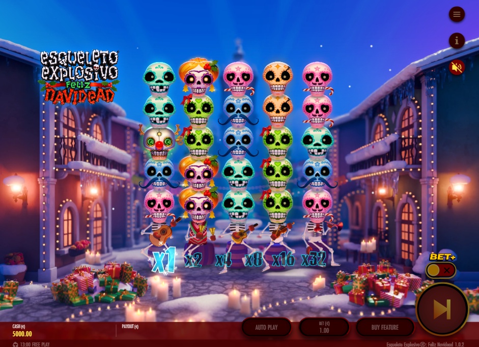 The main 5x5 game grid of the Esqueleto Explosivo: Feliz Navidead slot, showing the Calavera skull symbols and the Mucho Multiplier.