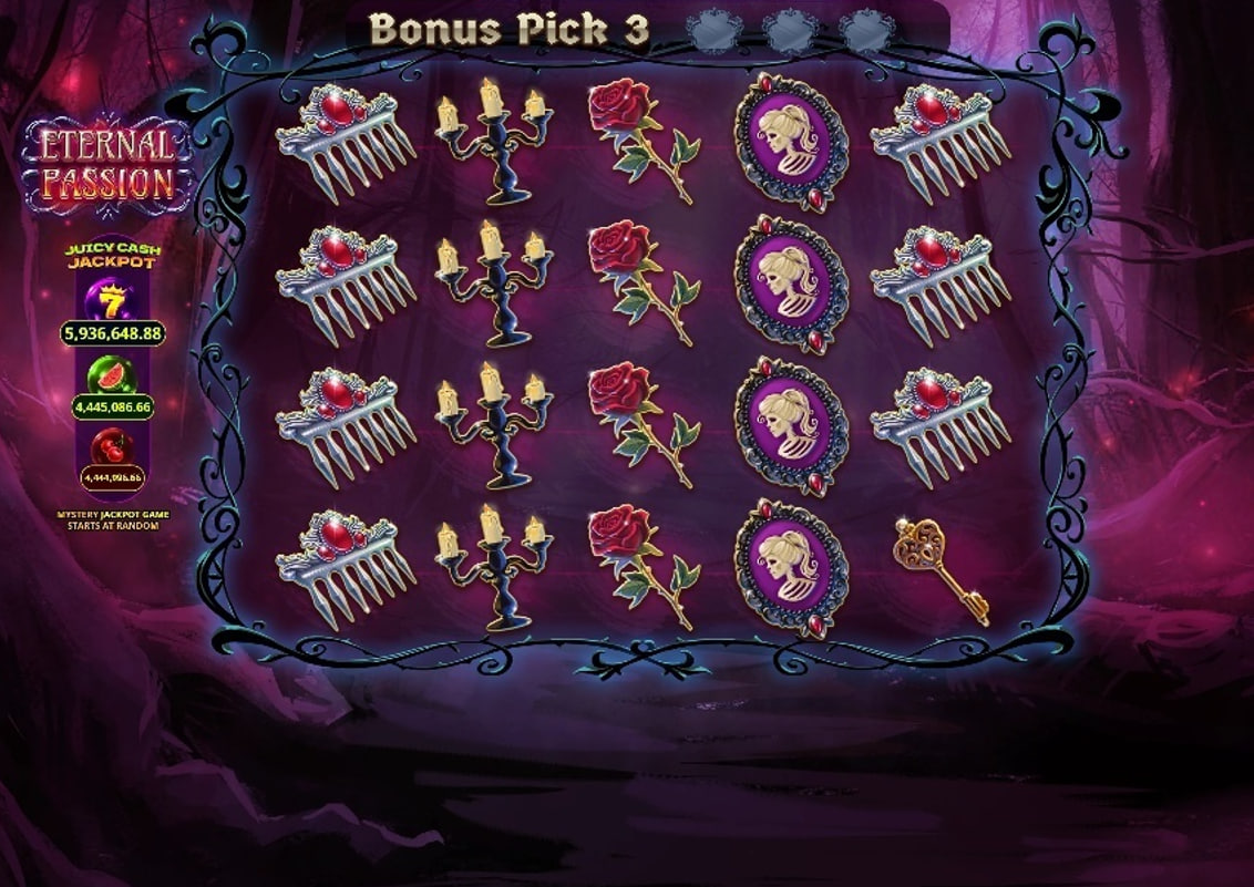 The base game grid of the Eternal Passion slot, showing the 5x4 layout and gothic-themed symbols.