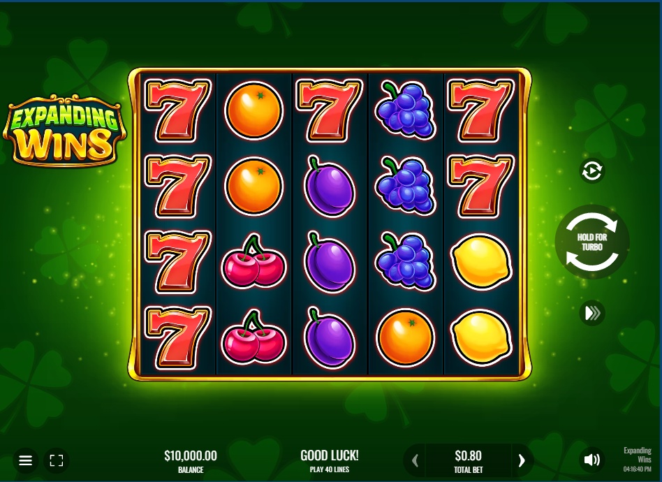 The 5x4 main game grid of the Expanding Wins slot, showcasing the classic fruit symbols and lucky 7s on the reels.