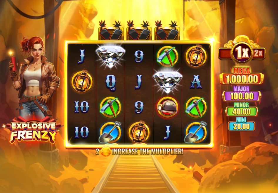 The main 5x4 game grid of Explosive Frenzy, showing the game's symbols, the Dynamite Lady character, and the jackpot values.
