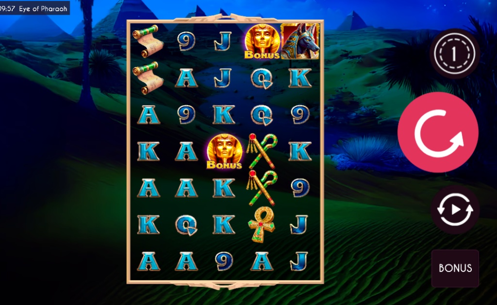 Eye of Pharaoh slot gameplay showing the 5x3 reel layout, a mix of high- and low-paying symbols, and the Bonus symbol.