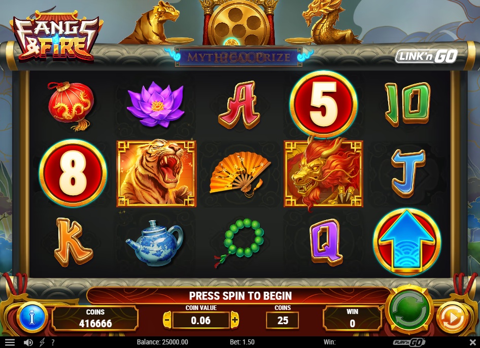 The main 5x4 game grid of the Fangs & Fire slot, featuring the Tiger and Dragon symbols and the Link'n GO mechanic.