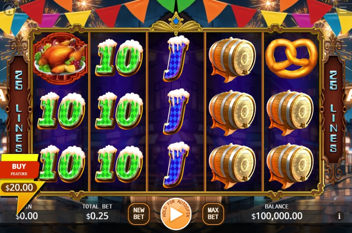 The main game grid of the Fantasy Oktoberfest slot, showing the festive symbols and the Buy Feature option.