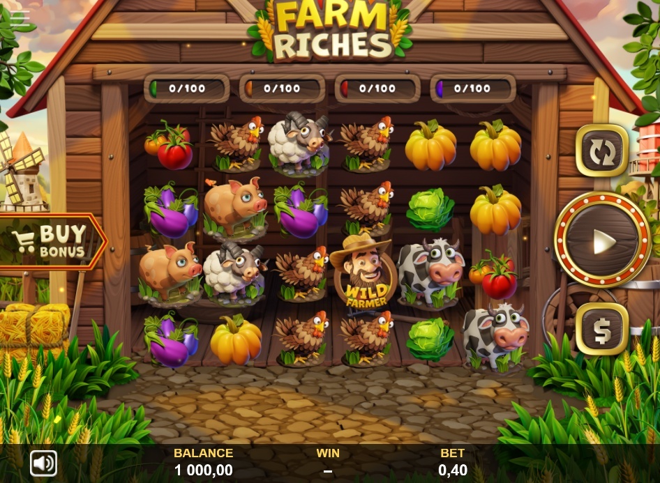 The 6x4 main game grid of the Farm Riches slot, showing various animal and vegetable symbols.