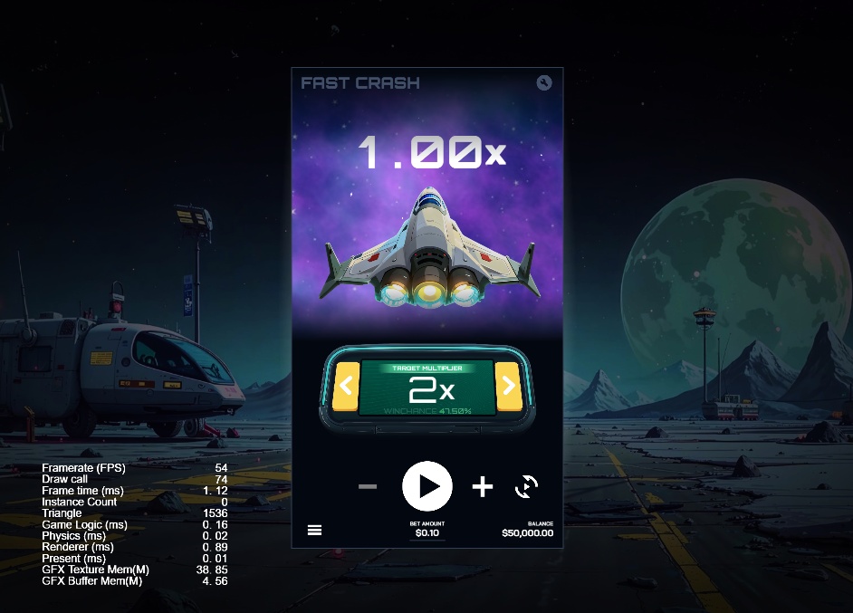 The starting gameplay screen of Fast Crash, showing the spaceship over a planetary landscape.
