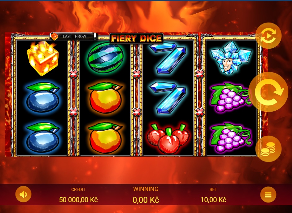 The 4x3 reel layout of the Fiery Dice slot, showcasing its fruit and special symbols during base gameplay.