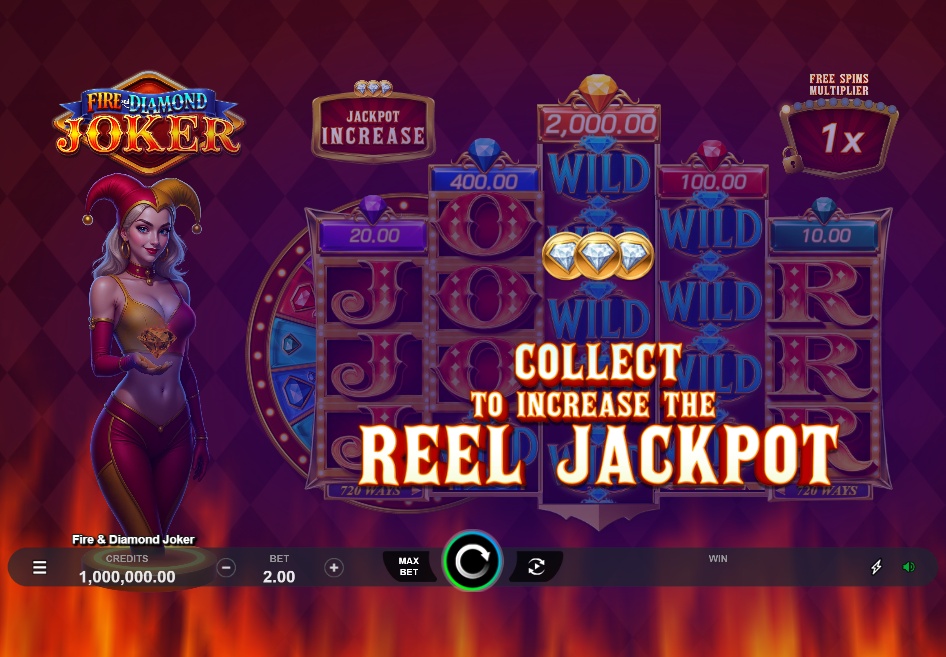 The main game screen of the Fire and Diamond Joker slot, showing the 3-4-5-4-3 reel layout and the Reel Jackpot feature.