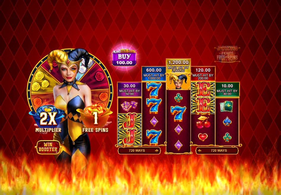The main game screen of the Fire and Roses Joker 2 All-In King Millions slot, showcasing the Joker character and the unique reel layout.