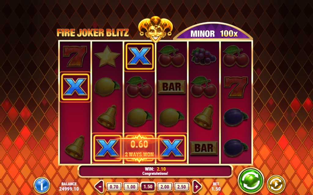 The main game screen of the Fire Joker Blitz slot, showing its 5x3 reel layout with classic fruit symbols and the Minor 100x jackpot.