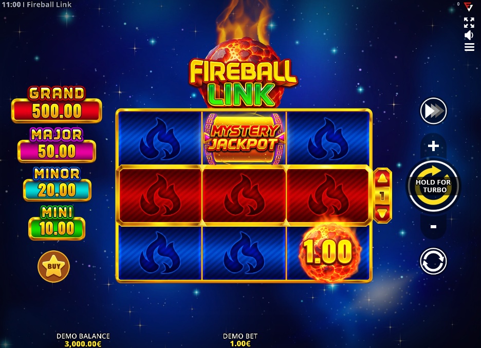 The base game grid of the Fireball Link: Cash Up slot, showing the 3x3 layout and jackpot values.