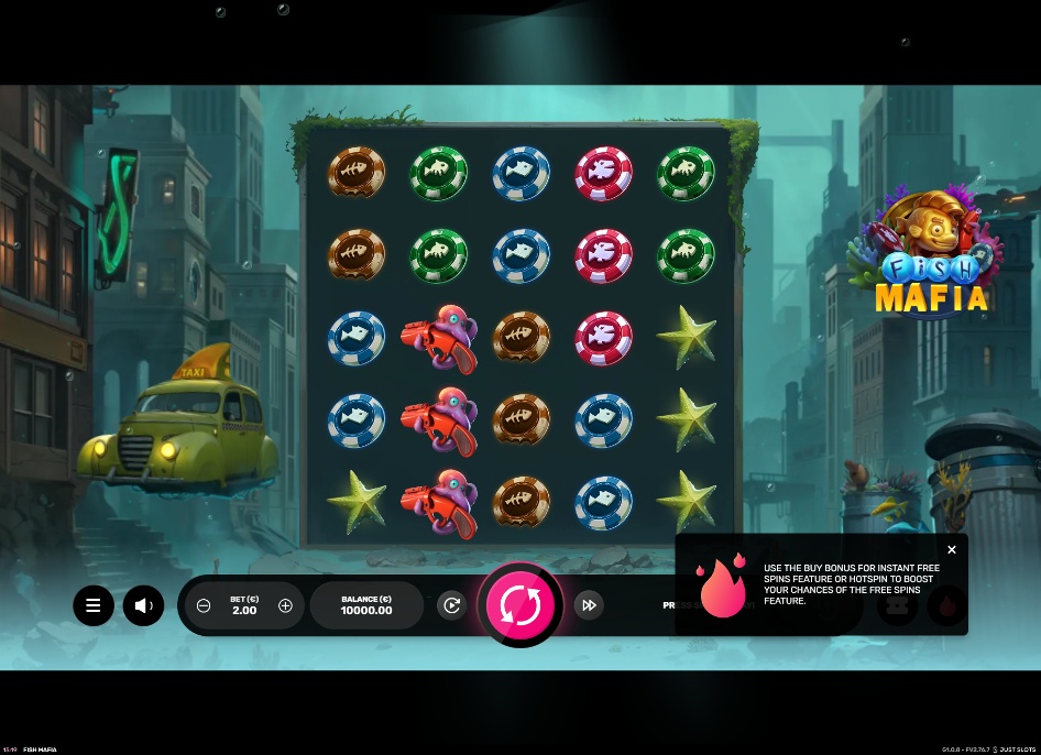 The 5x4 reel layout of the Fish Mafia slot, showcasing the underwater city theme and various character symbols.