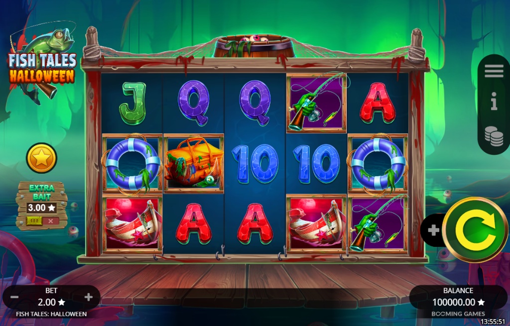 The 5x3 reel layout of the Fish Tales: Halloween slot, showcasing the spooky underwater theme and game interface.