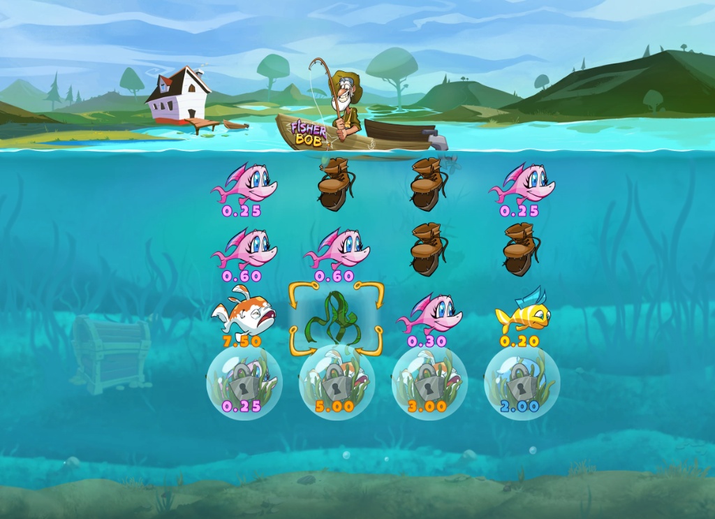 Fisher Bob slot base game interface showing 4x4 underwater grid with fish and boot symbols.