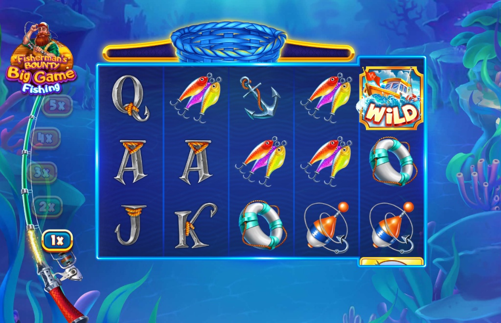 The base game grid of the Fisherman's Bounty: Big Game Fishing slot, showing the reels and the side multiplier meter.