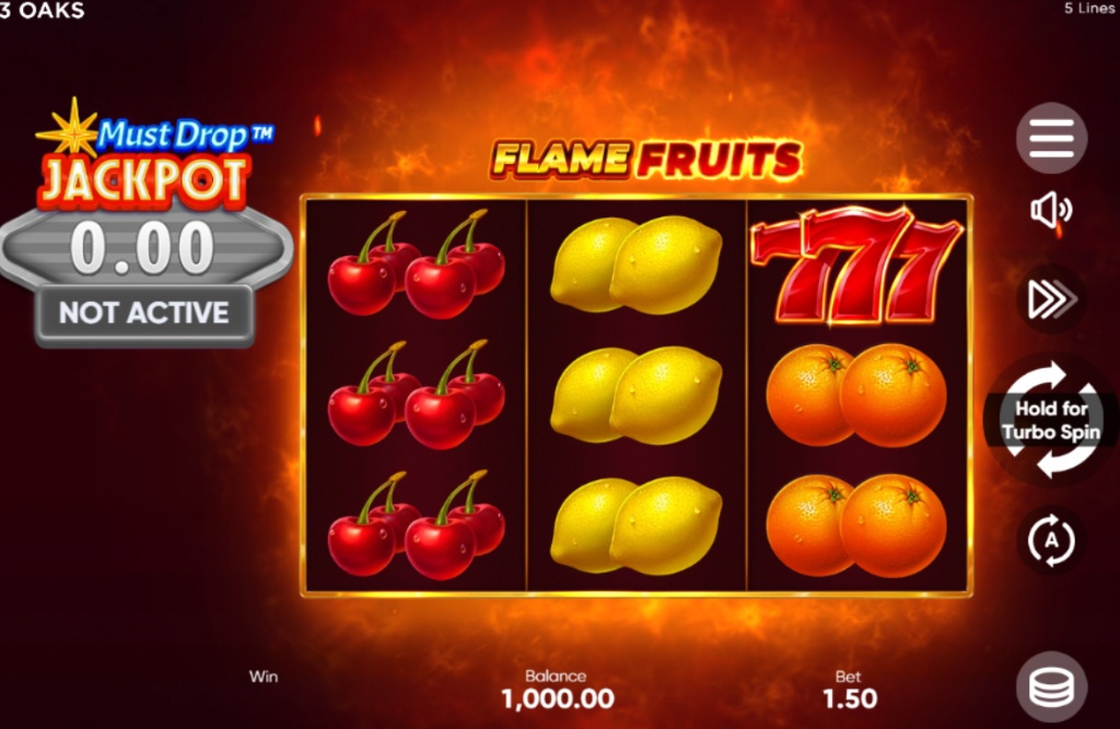 A screenshot of the Flame Fruits slot gameplay showing the 5x3 reels with various fruit symbols and lucky sevens.