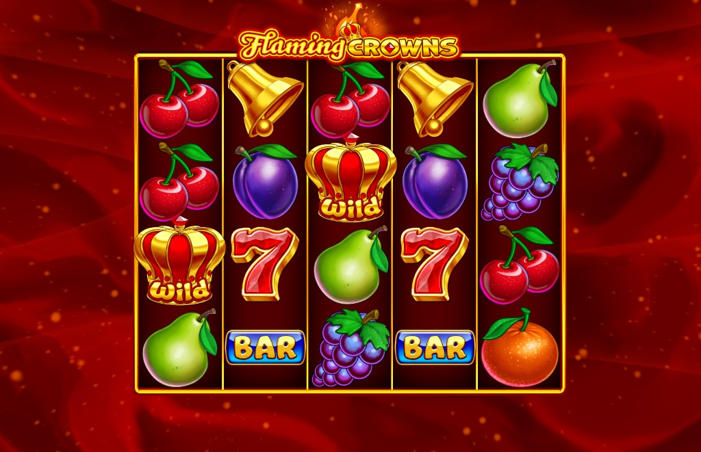 Flaming Crowns slot game with a full expanding Crown Wild symbol on a 5x3 reel layout.
