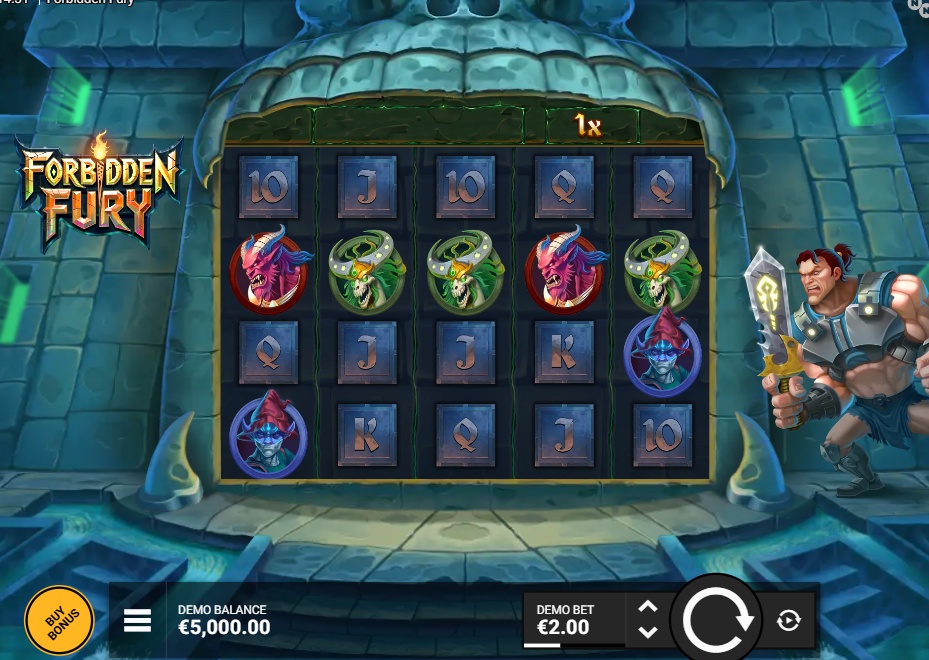 The base game grid of the Forbidden Fury slot, showing the 5x4 layout and warrior character.