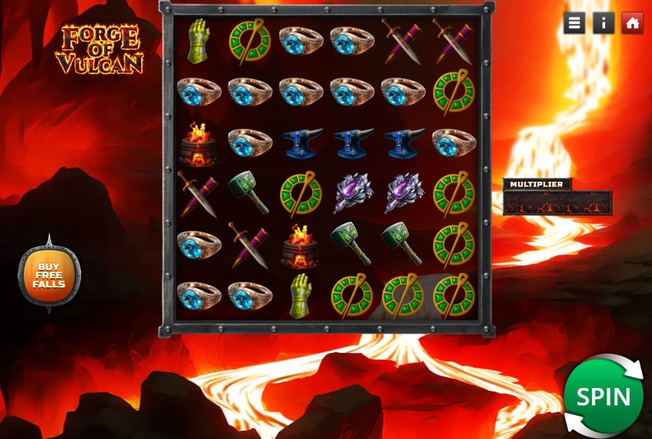 The main game grid of the Forge of Vulcan slot, showcasing the mythology-themed symbols, fiery forge background, and Bonus Buy feature in the demo.