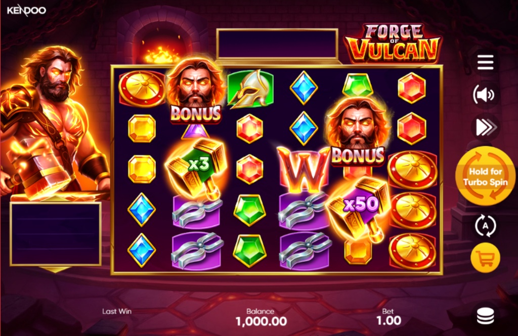 The main gameplay grid of the Forge of Vulcan slot, featuring multiplier, wild, and bonus symbols.
