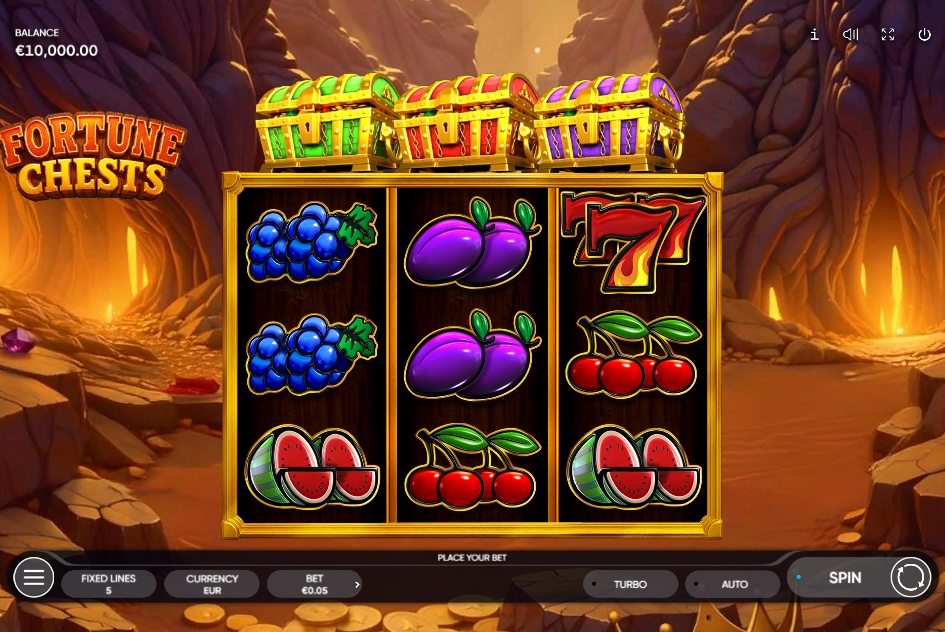 The base game grid of the Fortune Chests slot, showing the 3x3 reel layout and classic fruit symbols.

