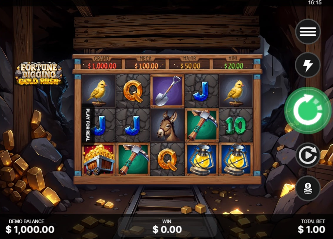 The 5x3 reel layout of the Fortune Digging: Gold Rush slot, showing the mining-themed symbols during base game play.