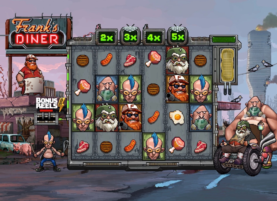 The base game grid of the Frank's Diner slot, showcasing the pixel-art character symbols and post-apocalyptic theme.