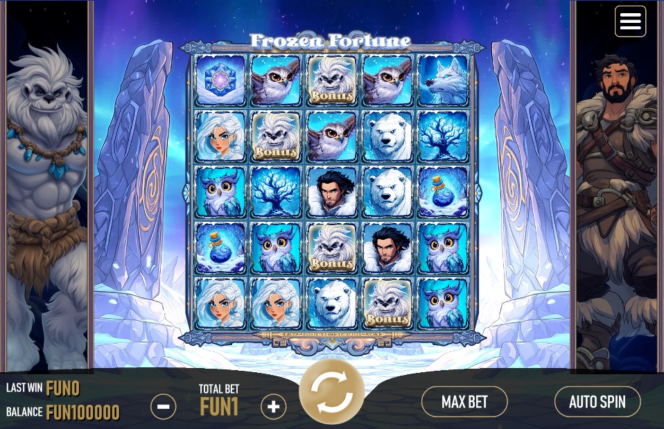 Frozen Fortune slot gameplay screenshot showing the 5x4 grid, Yeti, Viking, and other animal symbols.