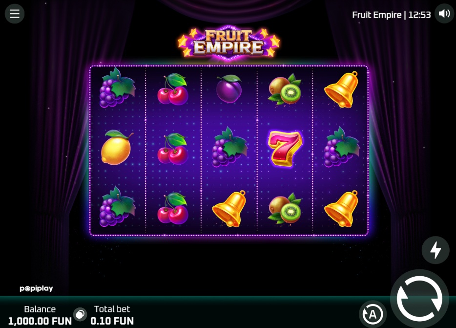 The main 5x3 game grid of the Fruit Empire slot, showcasing the classic fruit symbols and purple neon background.