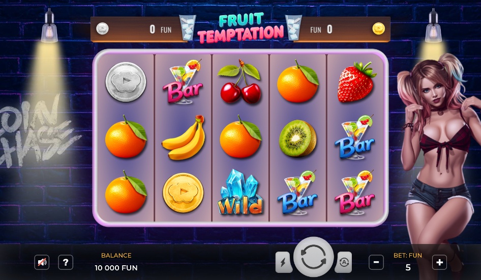 The base game grid of the Fruit Temptation slot, showing the 5x3 reel layout and various game symbols.